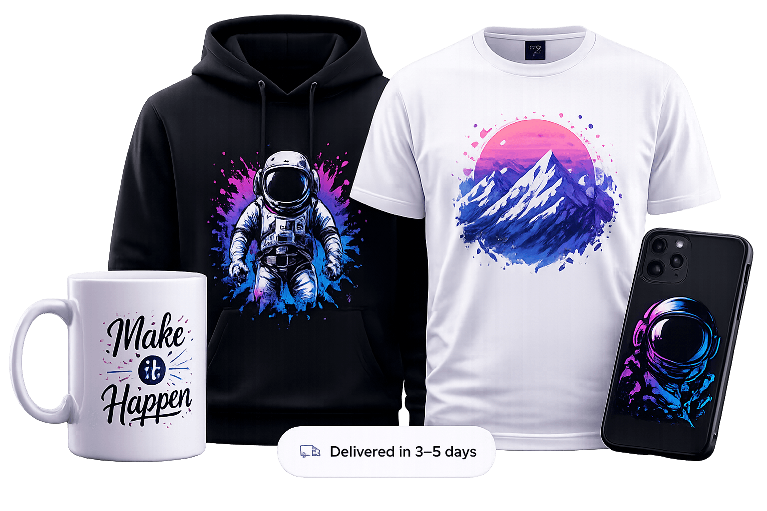 Custom printed products — hoodies, t-shirts, mugs & phone cases
